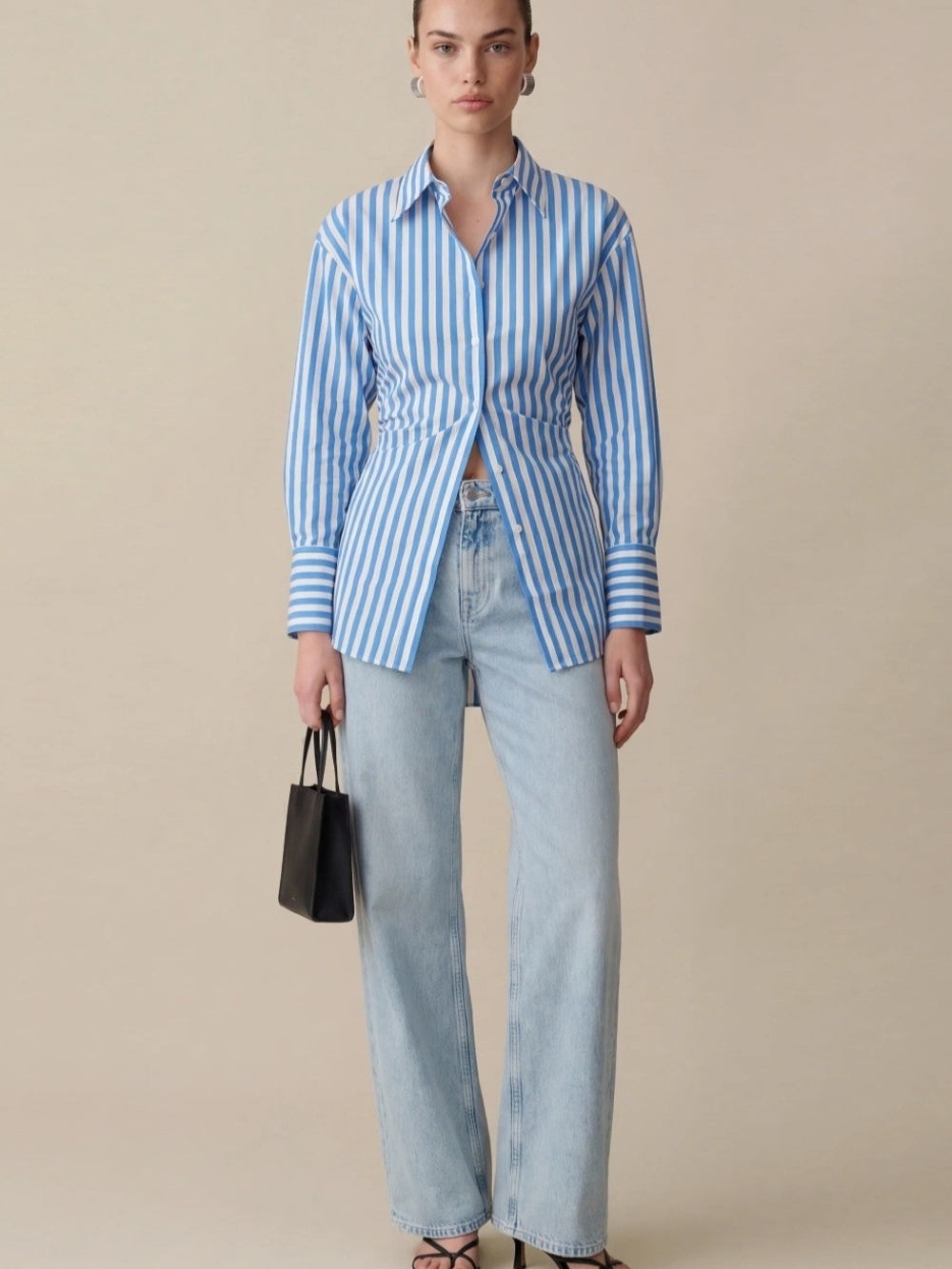 Few Moda Caara Striped Button-Down Blouse in Light Blue and White